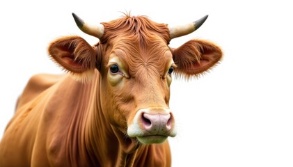 Brown cow with ears isolated on white background, farm animal, brown