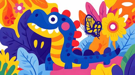 A cheerful cartoon dinosaur surrounded by vibrant flowers and leaves.