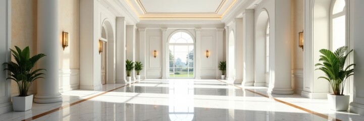 Panoramic view of a grand foyer with marble floor and white walls, opulence, interior design