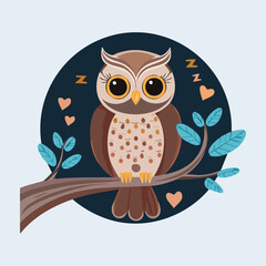 Sleepy Owl Dozing on Tree Branch