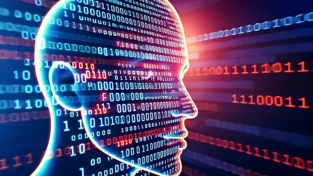 code immersed in and digital world, analyzing a stream of Programmer binary projected onto their face, showcasing the integration of humans a technology video 4k