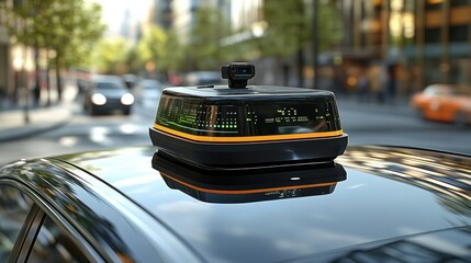 Autonomous vehicle rooftop technology.  Modern self-driving car equipped with advanced sensors