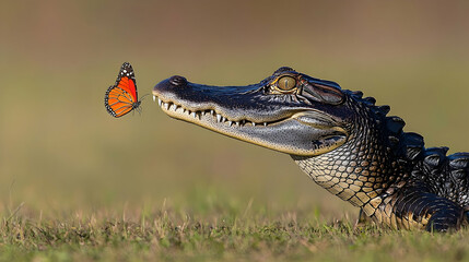 Obraz premium A young alligator's curious gaze towards a monarch butterfly.