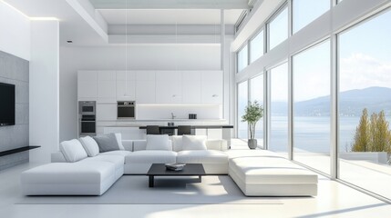 Beautiful living room interior in a new luxury home with an open-concept floor plan, showcasing the kitchen, dining room, and wall of windows with an amazing exterior