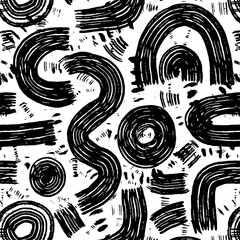 Seamless black grunge pattern with bold hand-drawn brushstrokes and expressive marks for edgy design and artistic backgrounds