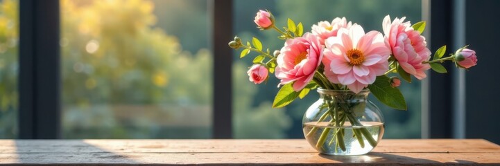 Watercolor flowers in a vase on a wooden table , flower arrangement, garden decor
