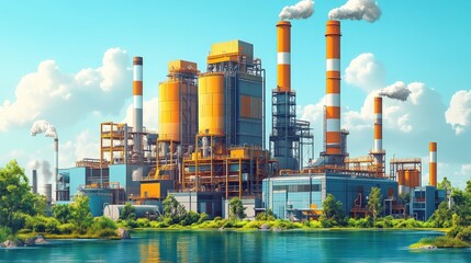 Obraz premium Industrial power plant with smokestacks beside a calm lake under a clear blue sky