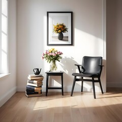 Fototapeta premium Cozy Living Room with Black Leather Armchair and Flower Arrangements