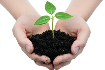 Two hands tenderly holding a young green plant and rich soil
