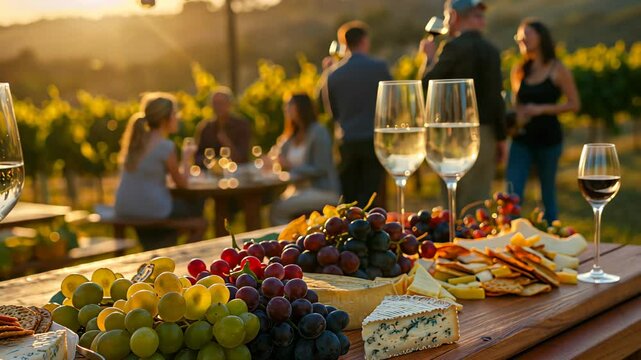 Glasses of wine on an appetizer table in a vineyard, blurry guests in the background during sunset. Outdoor winery event concept with copy Modern space.