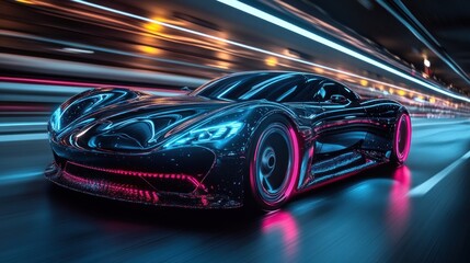 Fototapeta premium Futuristic Sports Car Night Drive: Neon Lights & Speed