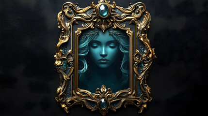 A  dreamy, teal-hued portrait of a serene maiden framed in opulent gold.