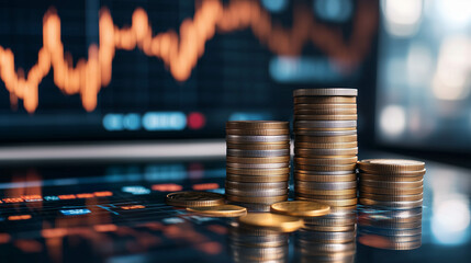A futuristic scene shows stacks of coins growing, stocks and investment concepts.	