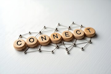 Creative Wooden Letter Tiles Spelling Connect with Network Visualization Background