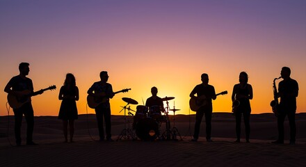Silhouettes of musicians against the backdrop of a glowing sunset in the desert