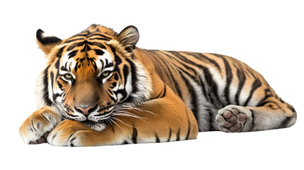 Obraz premium Majestic Tiger Grooming Its Paw in Solitude on White Background - Professional Wildlife Photography