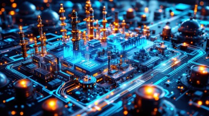 Futuristic cityscape with glowing circuit elements and lights.