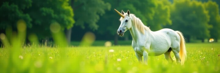 Naklejka premium White unicorn mare standing in a lush green meadow, her horn shining with dew , magic, mythic