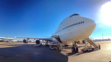 Obraz premium Baggage loading process at airport with airplane ready for departure
