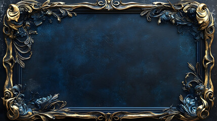Ornate gold framed dark blue decorative backdrop.
