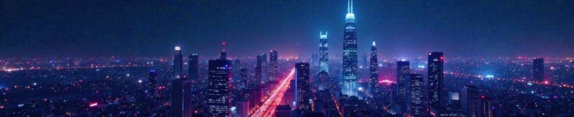 Fototapeta premium White futuristic cityscape with towering skyscrapers and neon lights at night, cityscape, skyscraper, urban