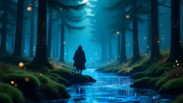 Mysterious figure in hooded coat standing by glowing blue stream in dense forest surrounded by tall dark trees and floating bioluminescent lights in magical twilight atmosphere
