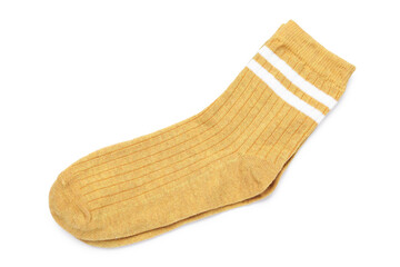 Pair of dark yellow socks isolated on white, top view