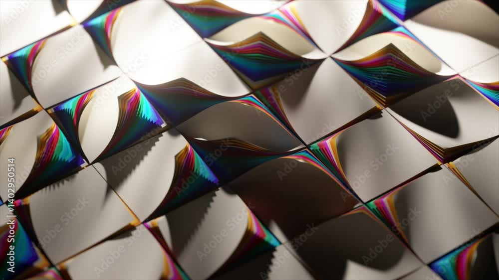 Poster parametric surface generating intricate geometric patterns and iridescent waves, smoothly flowing un