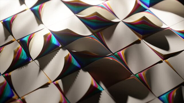 Parametric surface generating intricate geometric patterns and iridescent waves, smoothly flowing under soft illumination with dynamic color transitions and complex shadowing effects