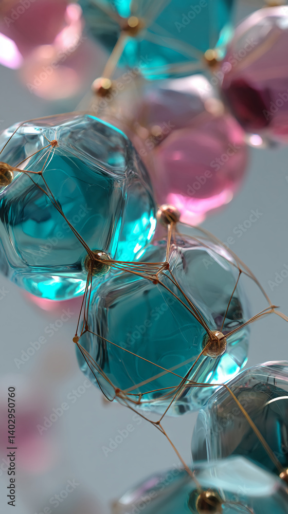 Poster close-up of interconnected teal and pink glass forms, creating an abstract, delicate structure, show