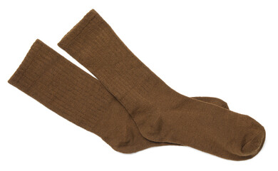 Pair of brown socks isolated on white, top view