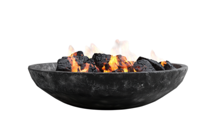 Outdoor fire pit bowl burning wood logs with flames for backyard patio heating and garden lighting on transparent background