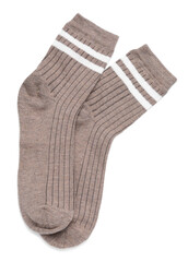 Pair of brown socks isolated on white, top view