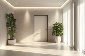 Bright naturally lit hallway featuring plants and a closed door