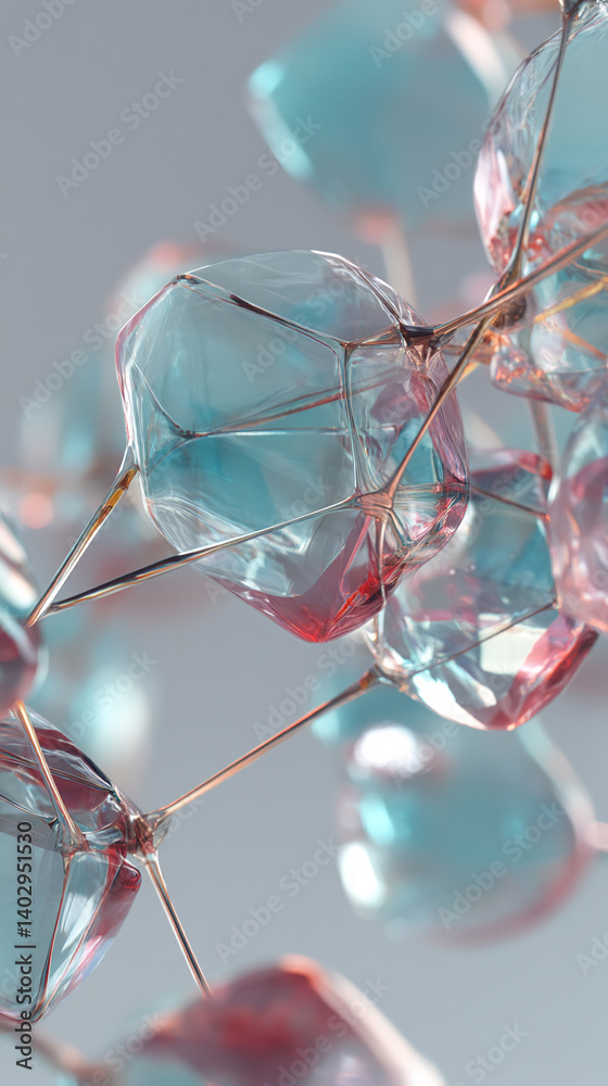 Poster abstract image of interconnected, translucent teal and rose-colored glass forms, suggesting a networ