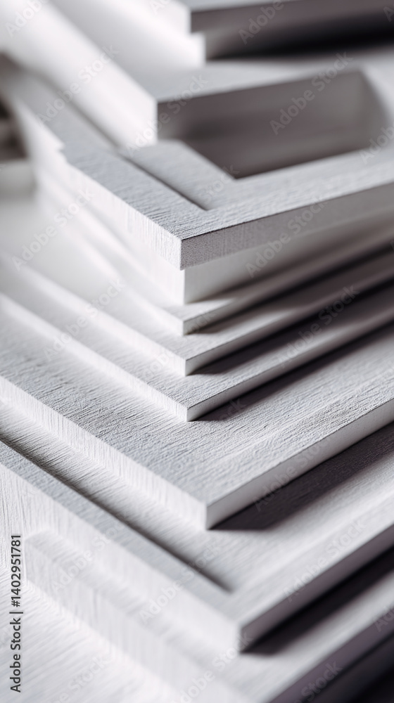 Poster Close-up of layered white textured surface, creating a geometric pattern, showcasing a clean and modern design, ideal for product display or architectural visualization