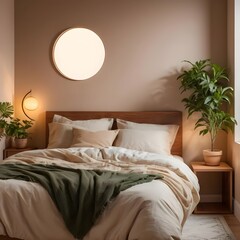 Cozy Beige Bedroom Interior with Green Throw Blanket and Plants
