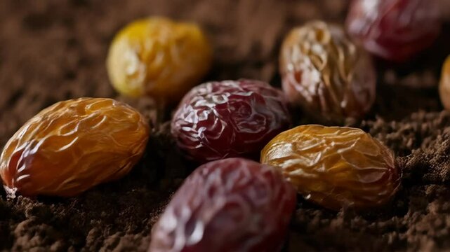 Close-up of ripe dates on dark soil, concept for food packaging design, and healthy eating campaigns