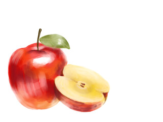 Apple red wit a slice  isolated illustration watercolour drawing png on transparent background