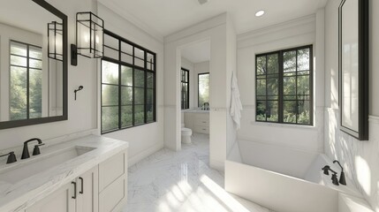 Fototapeta premium Interior of a modern bathroom with large windows and a tub