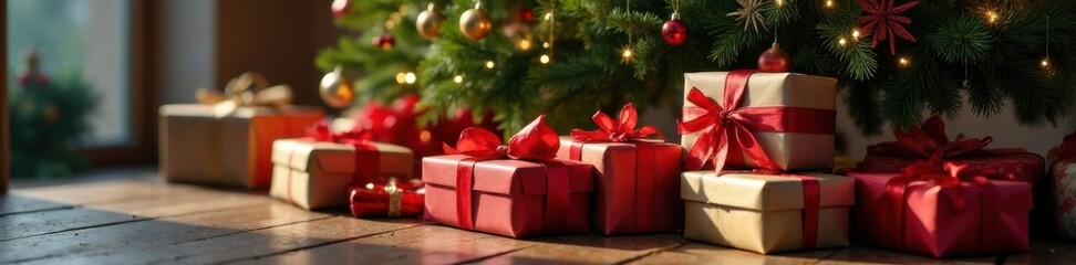 Presents piled high under the beautifully decorated Christmas tree, Seasonal indulgence, Tree decorations, Christmas gifts