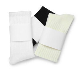 Many different pairs of socks isolated on white, top view