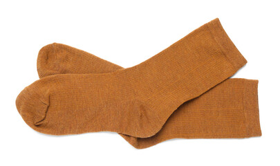 Pair of brown socks isolated on white, top view