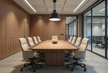 Modern Corporate Meeting Room with Wooden Table and Large Screen