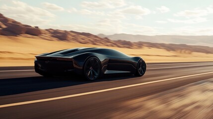 Black futuristic electric car on highway in desert. Very fast driving. Concept of future. Realistic 4K animation