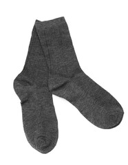 Pair of grey socks isolated on white, top view