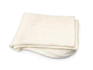 Pair of beige socks isolated on white, top view