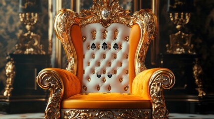 An opulent gold throne chair with intricate carvings and poker card design.