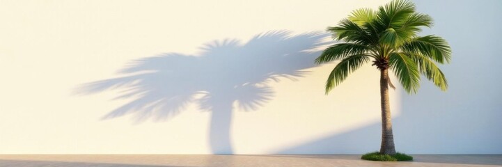 Obraz premium Palm tree casts long shadow on white wall at dusk, nature, palm tree, shadow