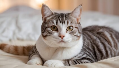 Cute Gray and White Tabby Cat Relaxing on a Bed